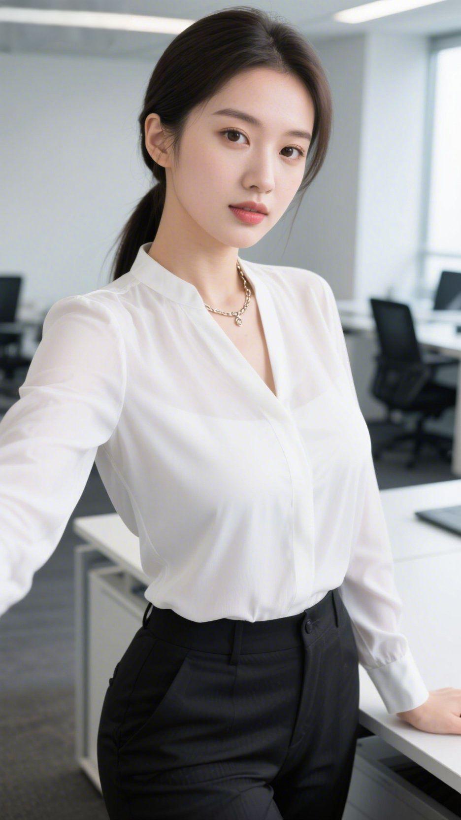 白衫黑裤展职场风
 
立于现代办公空间，一袭简约的白色雪纺衬衫搭配黑色西裤，似将