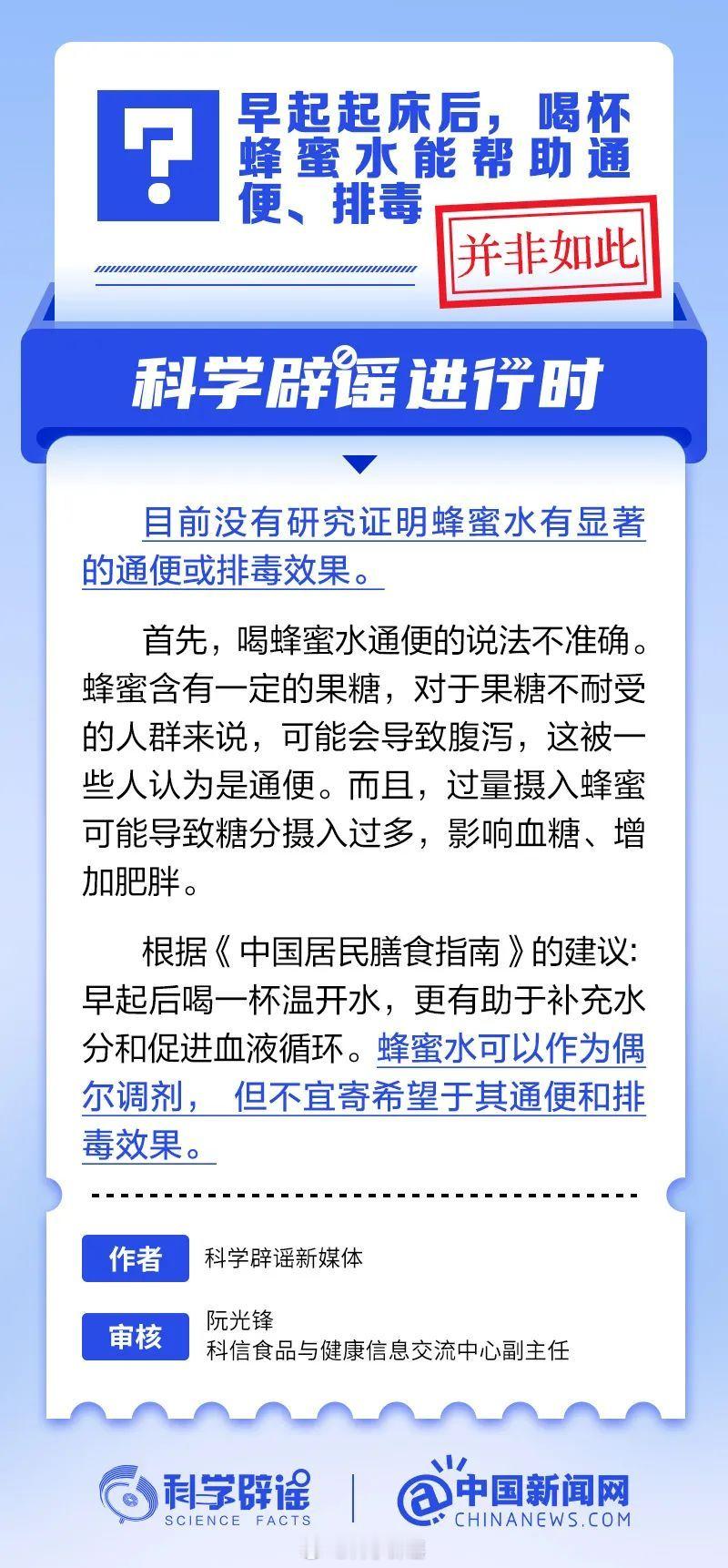 科学辟谣进行时  【早起起床后，喝杯蜂蜜水能帮助通便、排毒？并非如此】目前没有研