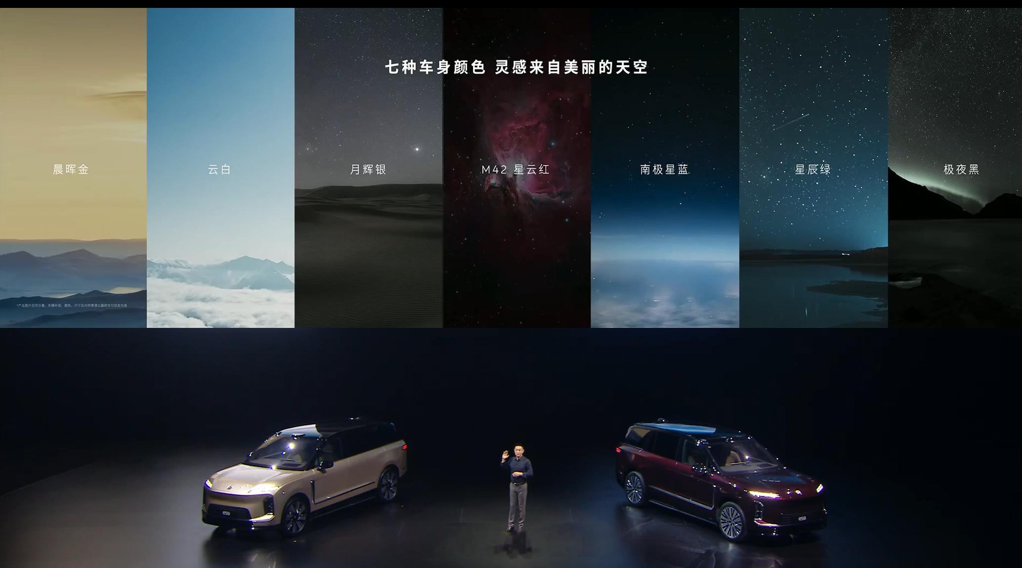 蔚来 ES9 提供 7 种车身颜色，晨晖金、云白、月辉银、M42 星云红、南极星