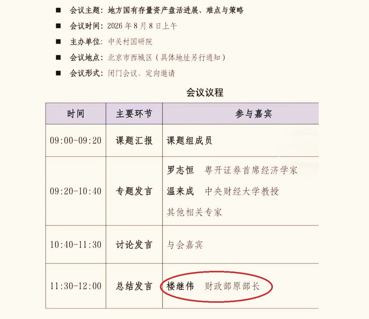 “中关村国研院”的一份通知显示，楼继伟将出席2026年8月8日举行的一场论坛。 
