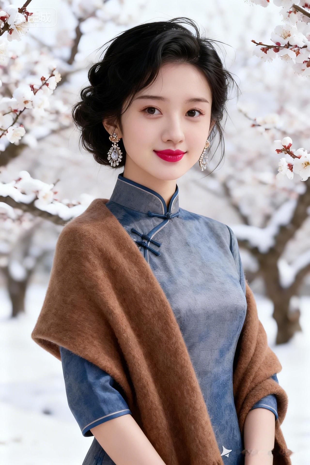 冬日雪景中的古典美人，红唇与雪白相映成趣。