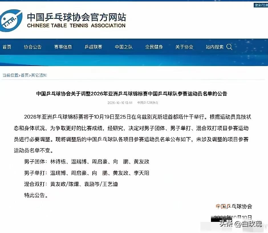 乒协最新消息：取消林诗栋、梁靖崑亚锦赛的单打资格，梁靖崑同时退出男团；林诗栋保留