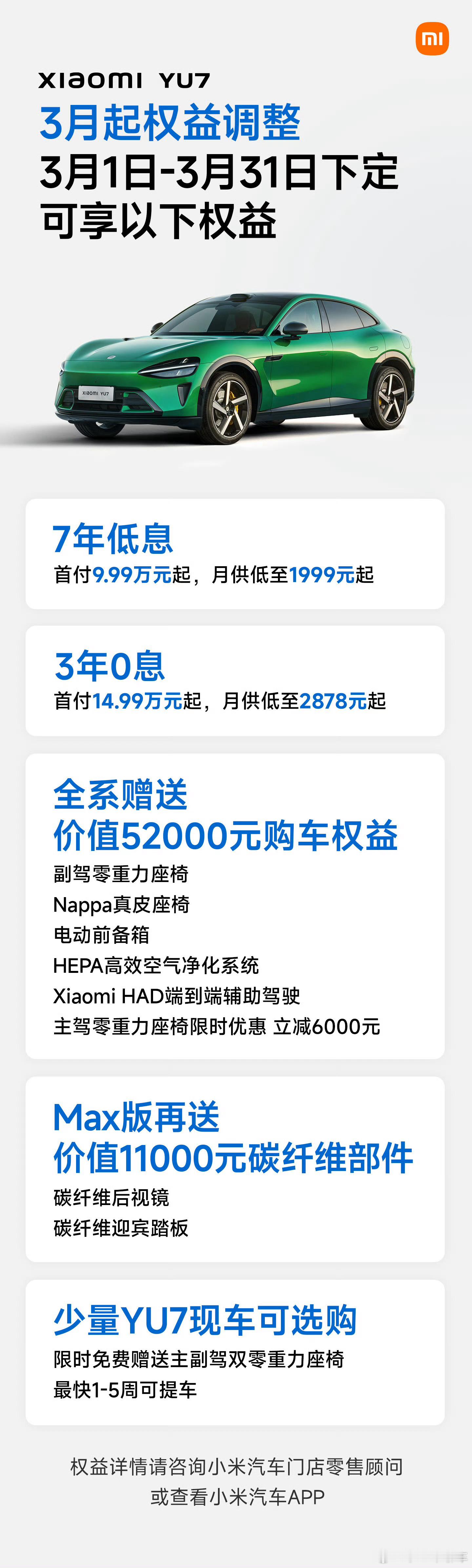 来了，三月的YU7，零重力只送副驾，现车还是送主副驾两个零重力，七年低息利息也有