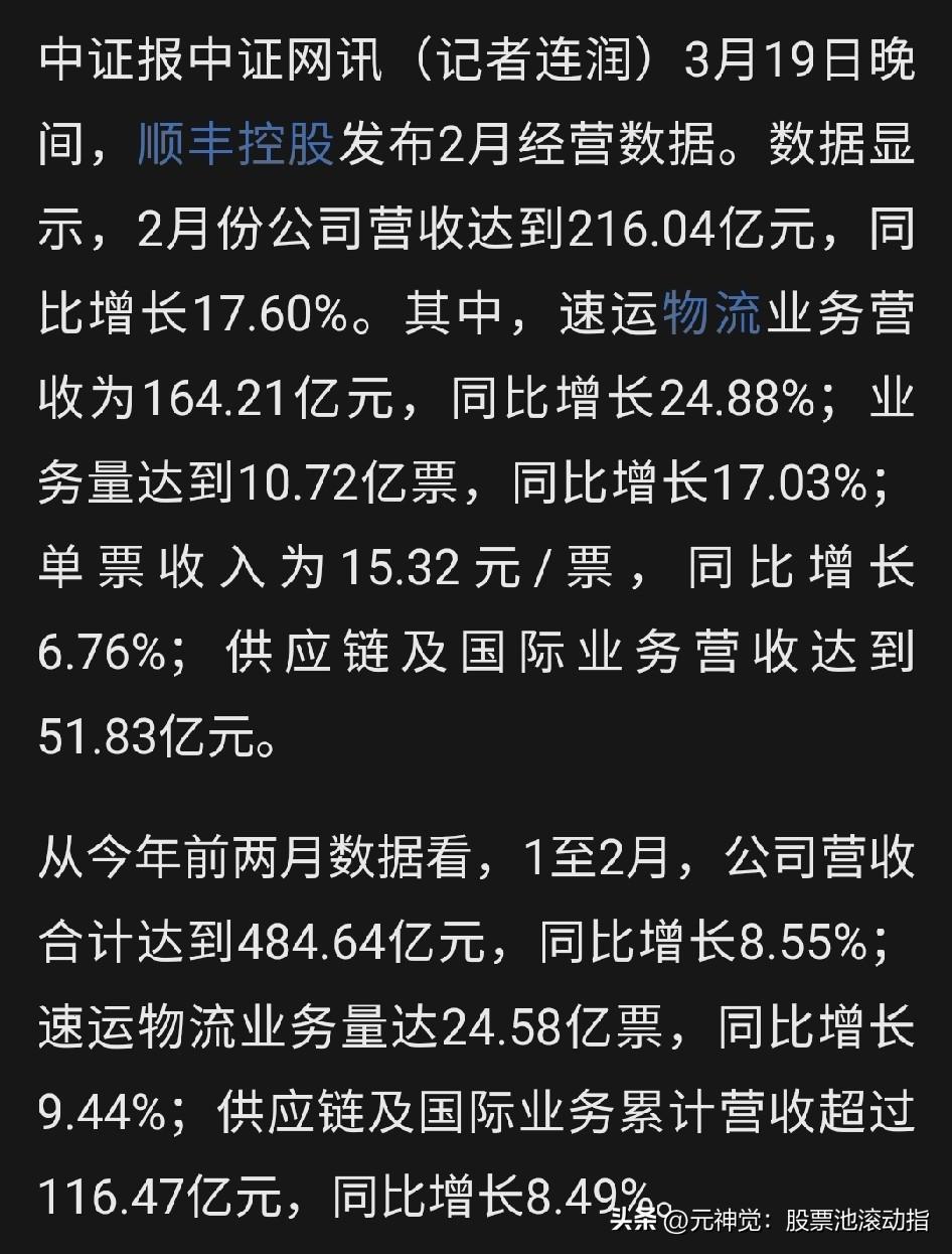 顺丰控股业绩，小小的超了预期！2月份数据不错，全年利润高增长可期。很多人之前因为