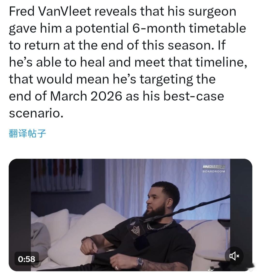 范弗利特：医生告诉我回归的时间表大概是6个月时，我的心态就一直是我要在6个月的时