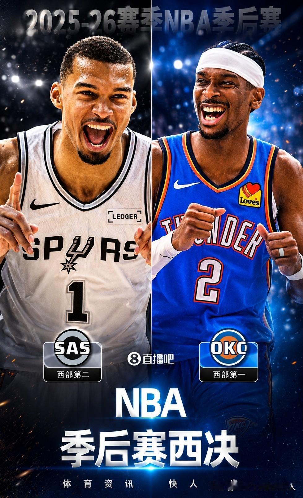 NBA季后赛西部决赛即将开打
俄克拉荷马雷霆vs圣安东尼奥马刺
西部常规赛第1名