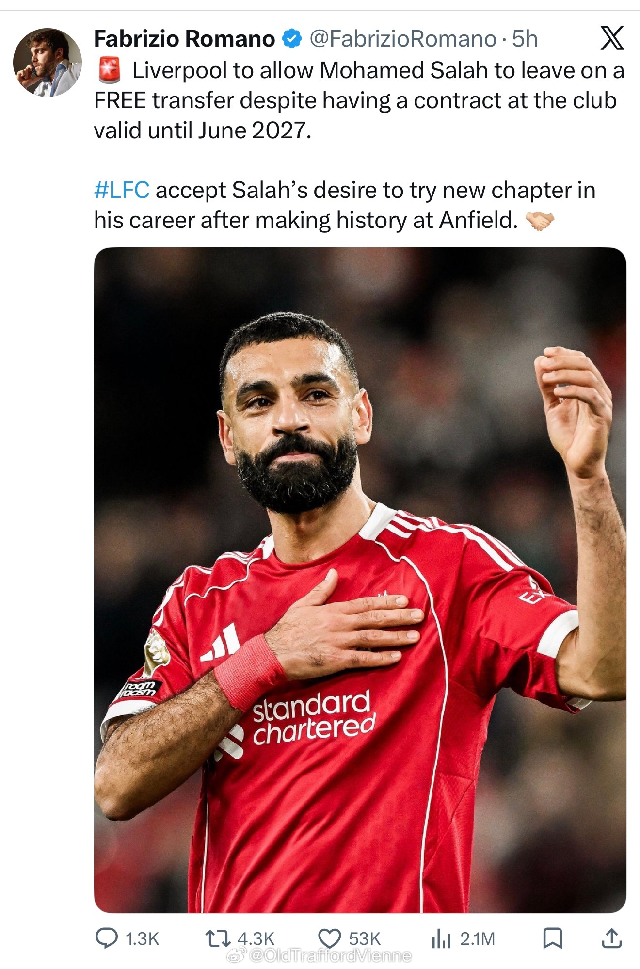 他桶还挺仗义？俱乐部允许萨拉赫赛季结束后自由身离队（现有合约27年结束），这能谈