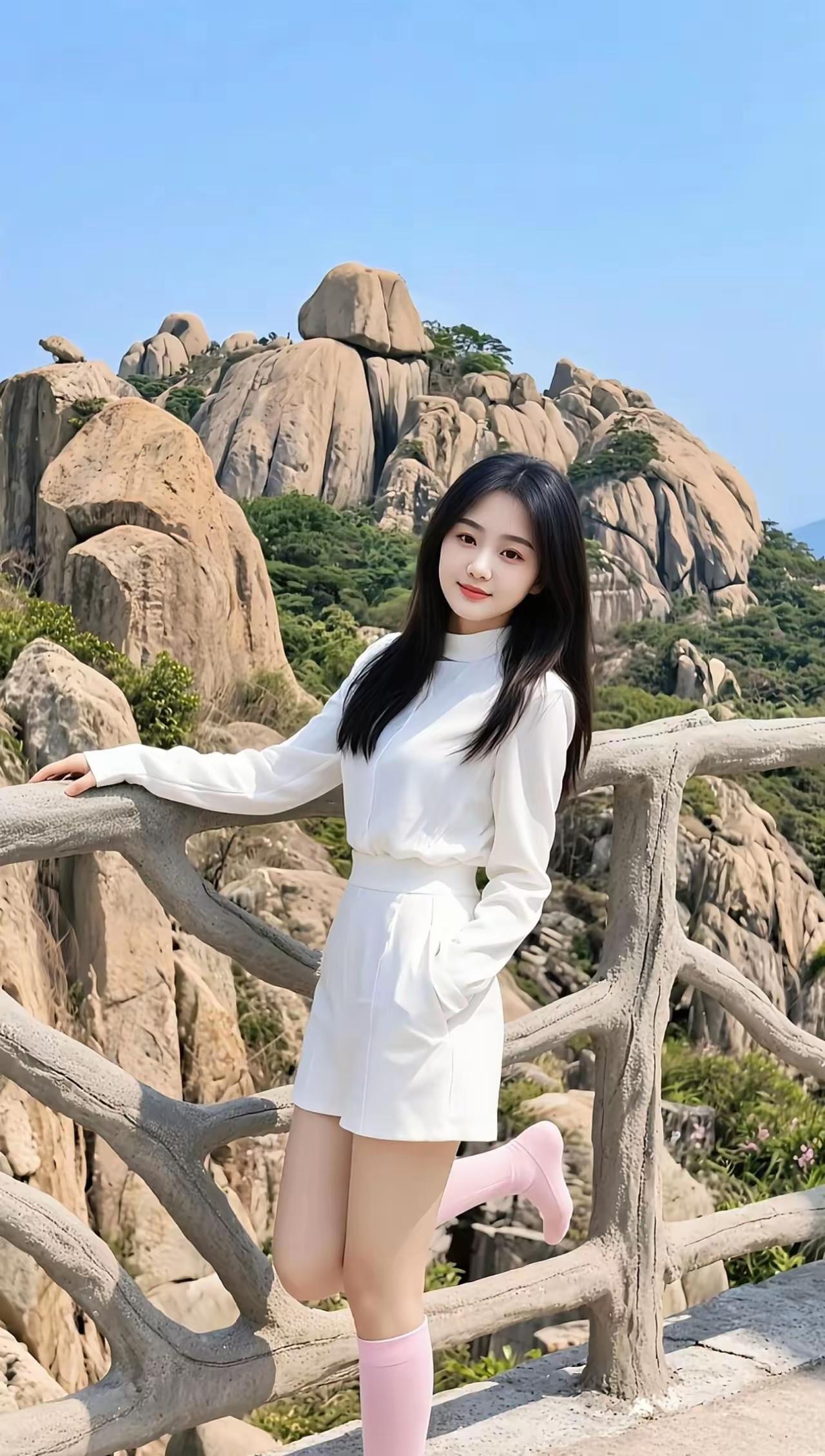 元气少女在山间，白裙飘飘，粉袜点缀，自然与时尚完美融合！🌿💗