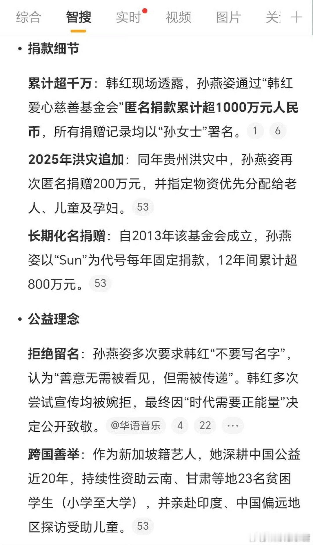 孙燕姿匿名捐款上千万韩红北京演唱会现场透露，孙燕姿通过“韩红爱心慈善基金会”匿名