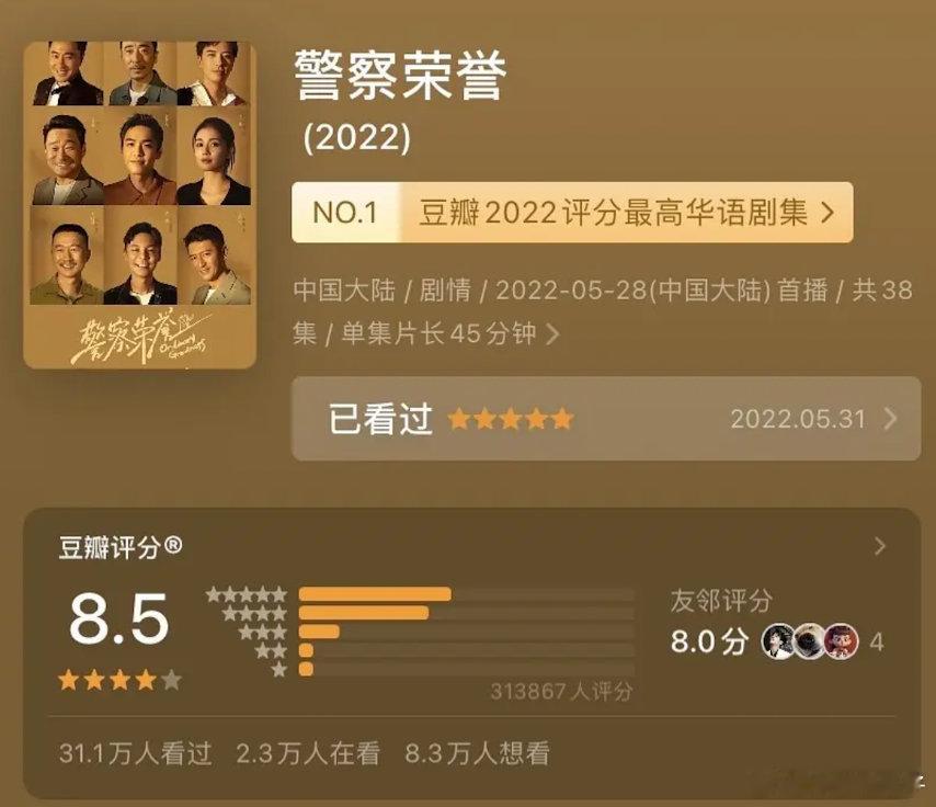 警察荣誉这样的好剧和大爆剧庆余年系列多的是普通观众打分，拜托有的人别天天🦐鉴粉