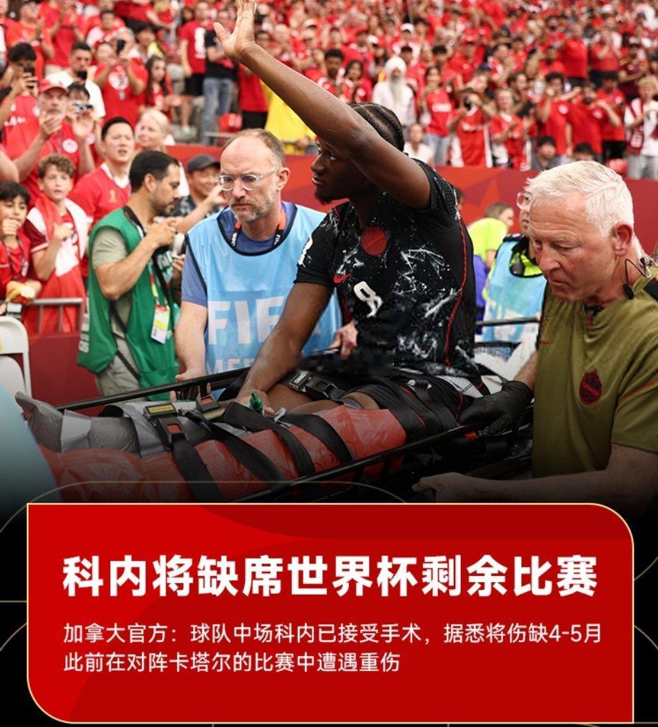 6月20日讯 加拿大国家队官方宣布，昨天在对阵卡塔尔比赛中重伤的伊斯梅尔·科内已