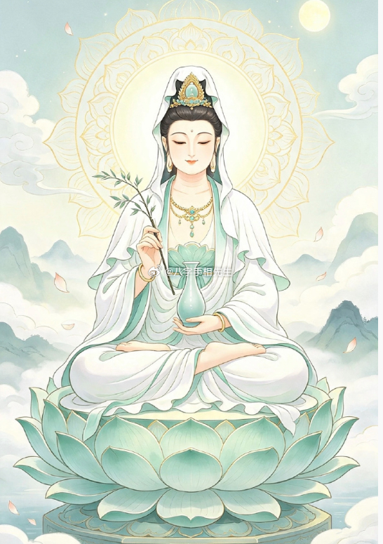 观音菩萨赐福，见者接福愿全家福气满满，七星高照，时来运转四季吉祥平安，四季顺遂发