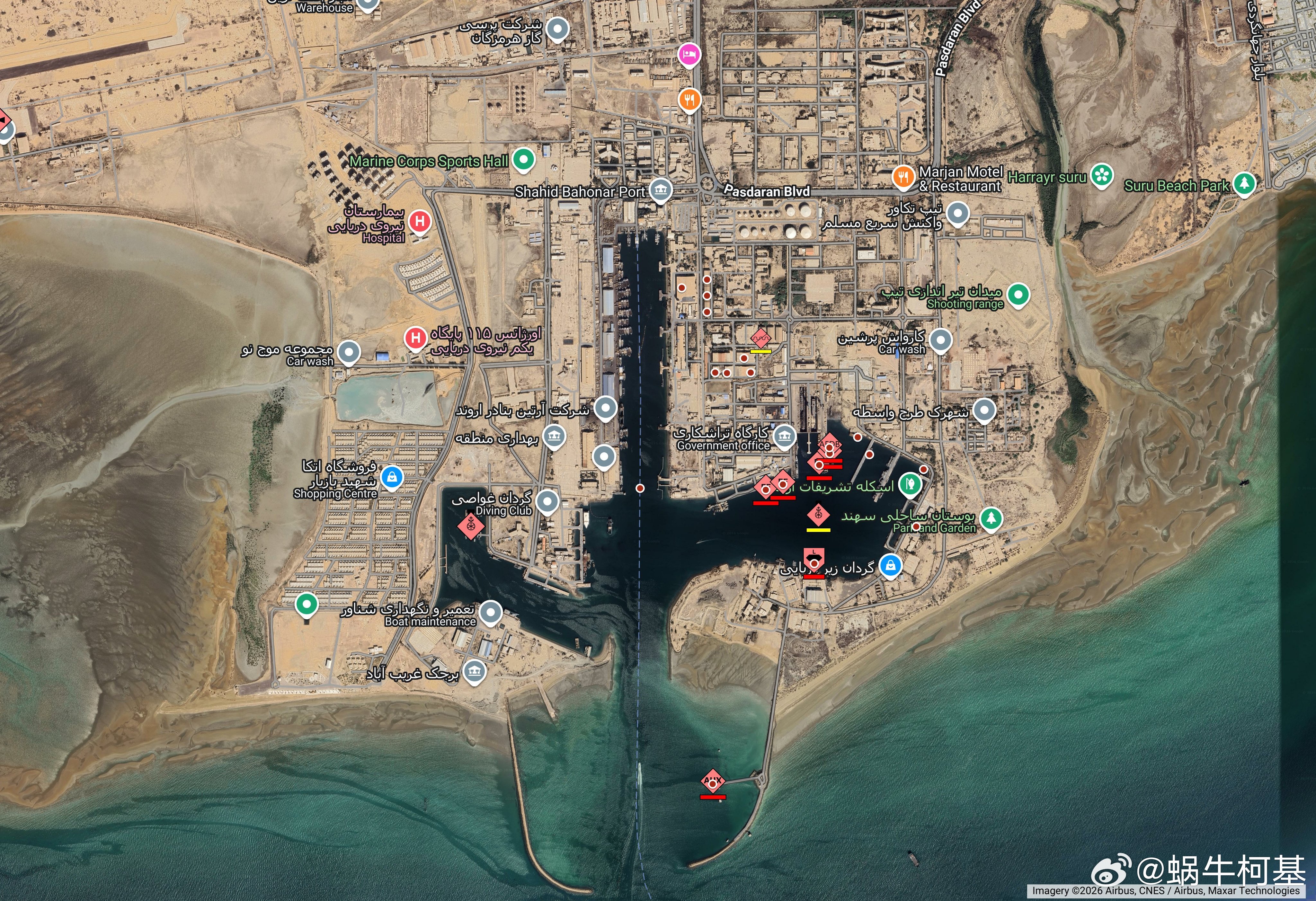 开战21天以来，爱泼斯坦联军对德黑兰、克尔曼沙阿和阿巴斯港的轰炸位置定位，可以看