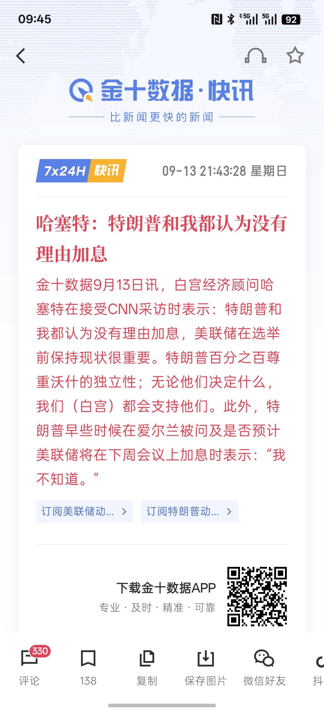 哈塞特：特朗普和我都认为没有理由加息。这是在美联储没有加息之前，他们很自信，认为