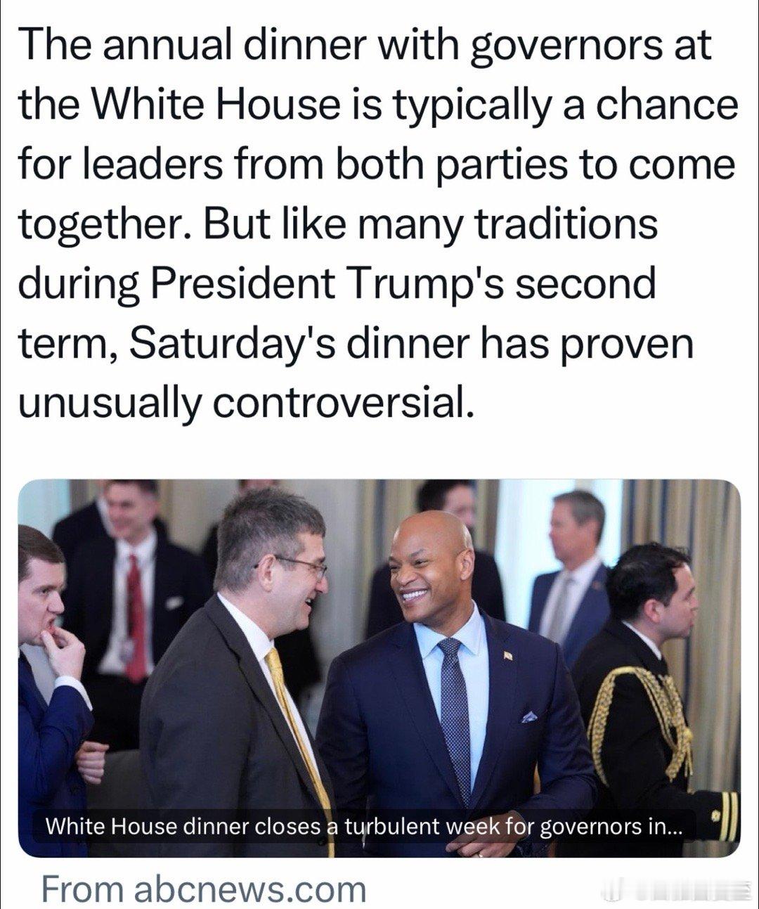 总统夫妇今天在白宫举办“州长晚宴”传统上，是州长与内阁重要社交场合但民主党州长集