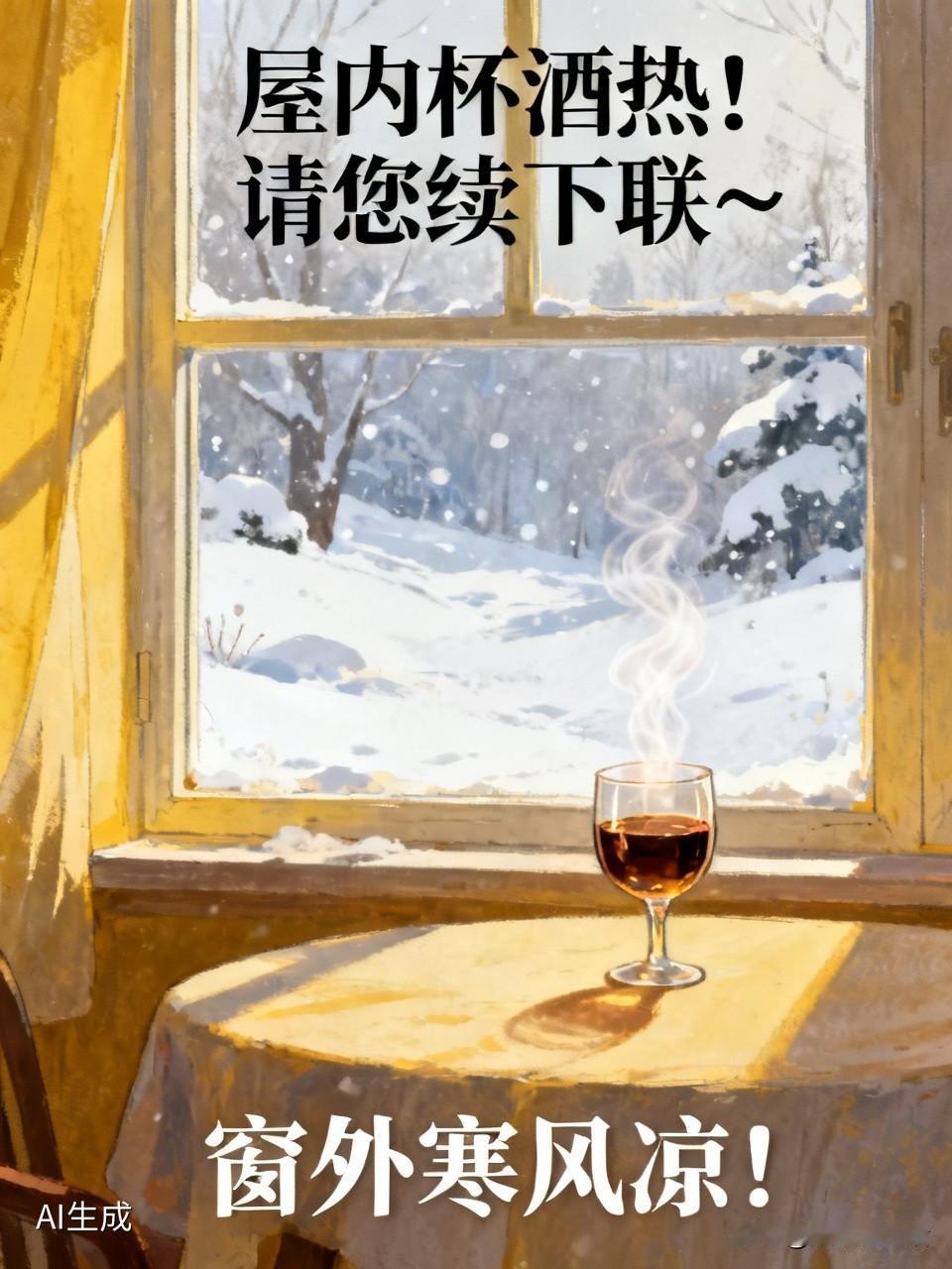 上联：屋内杯酒热！请您续下联～窗外寒风凉！