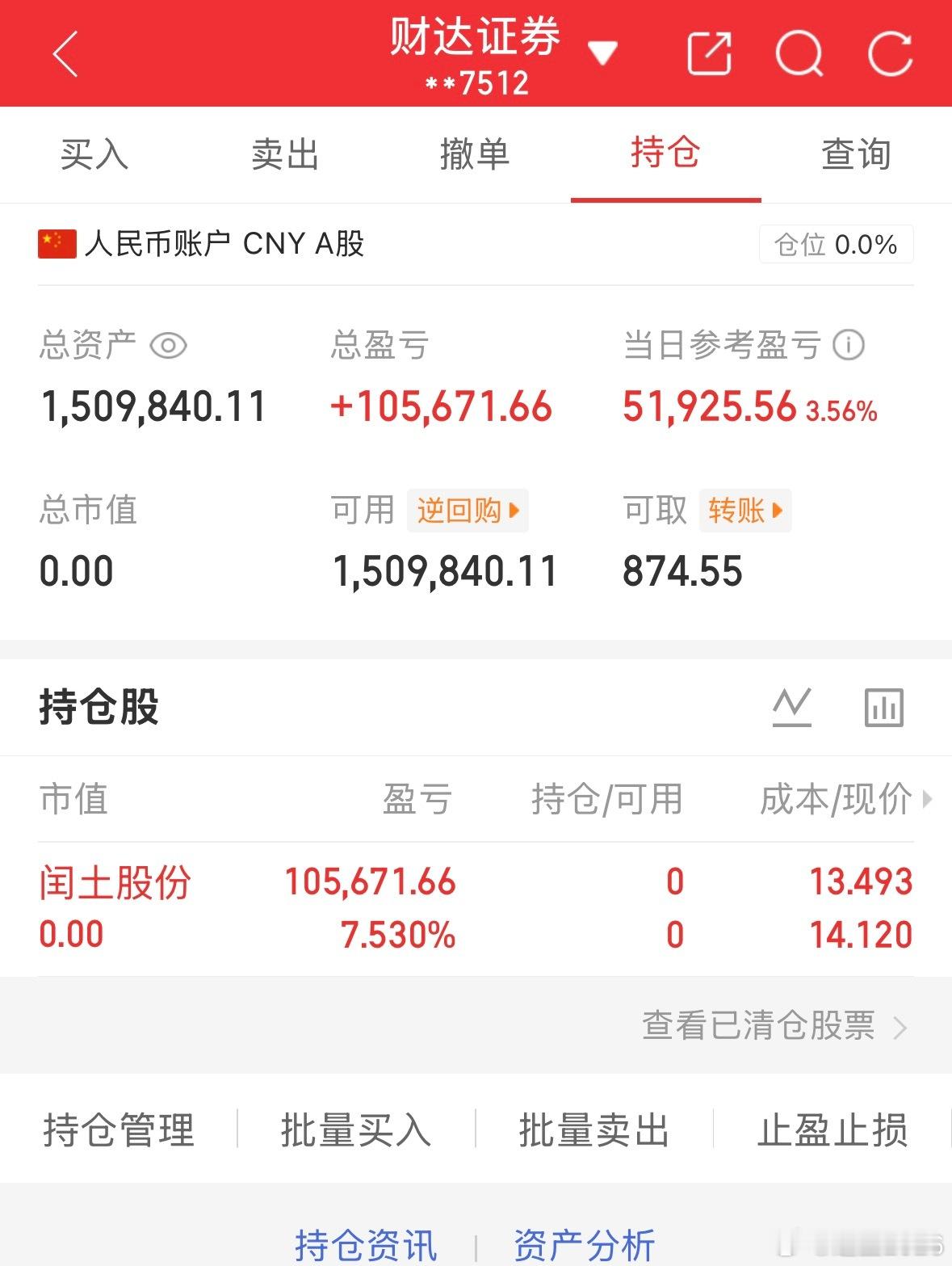 50万全职炒股的第94天总资产1509840当日参考盈亏+51925持仓股：出润