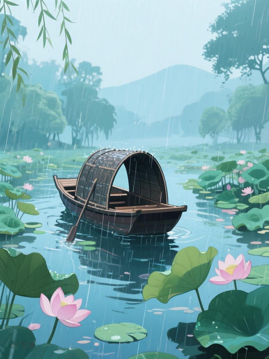 AI妙生图细雨润荷池，轻舟泊幽梦，在这静谧里，时光沉淀，心自安宁😊