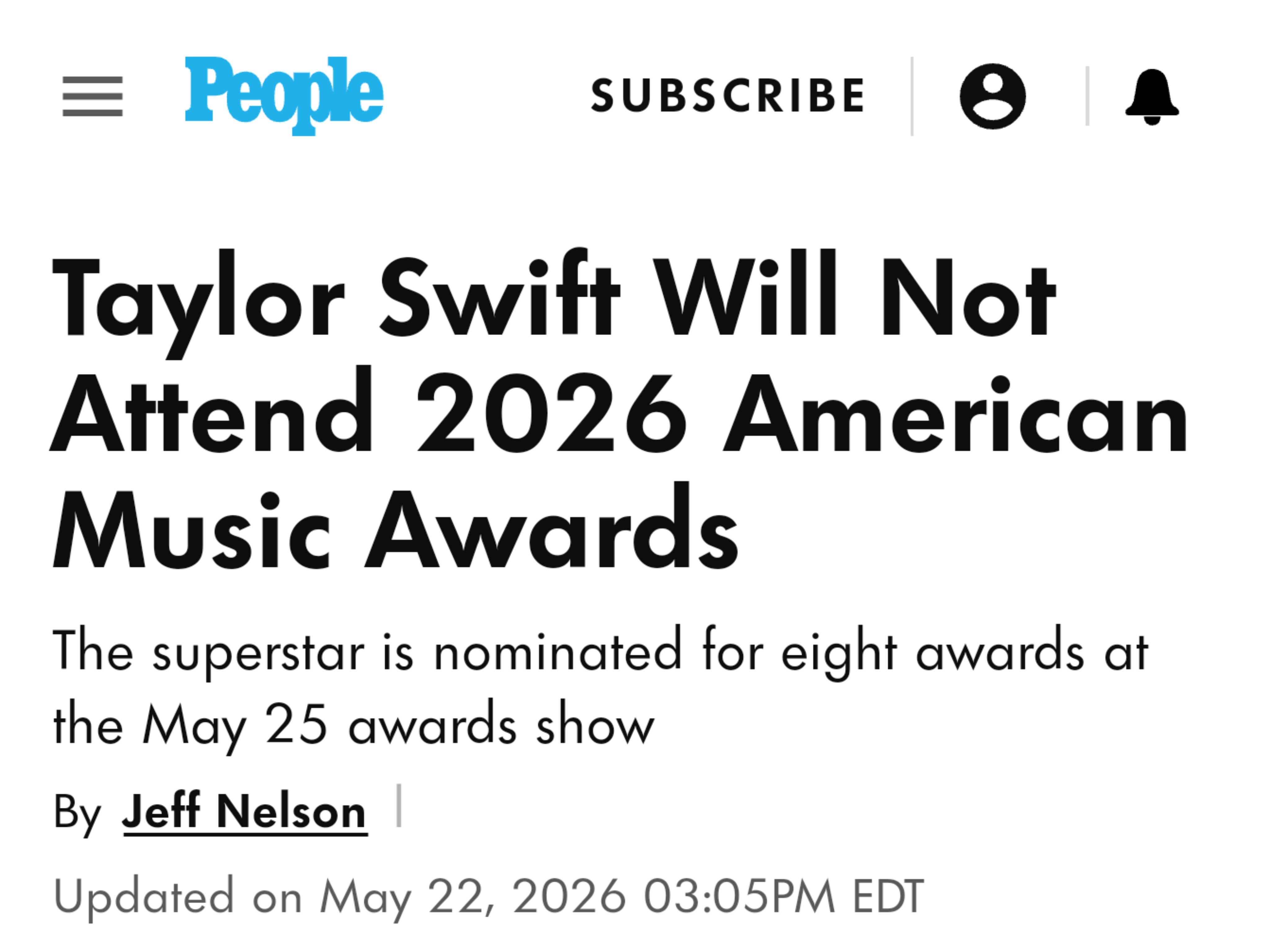 People杂志发文确认，霉霉 Taylor Swift 将不会出席2026年全