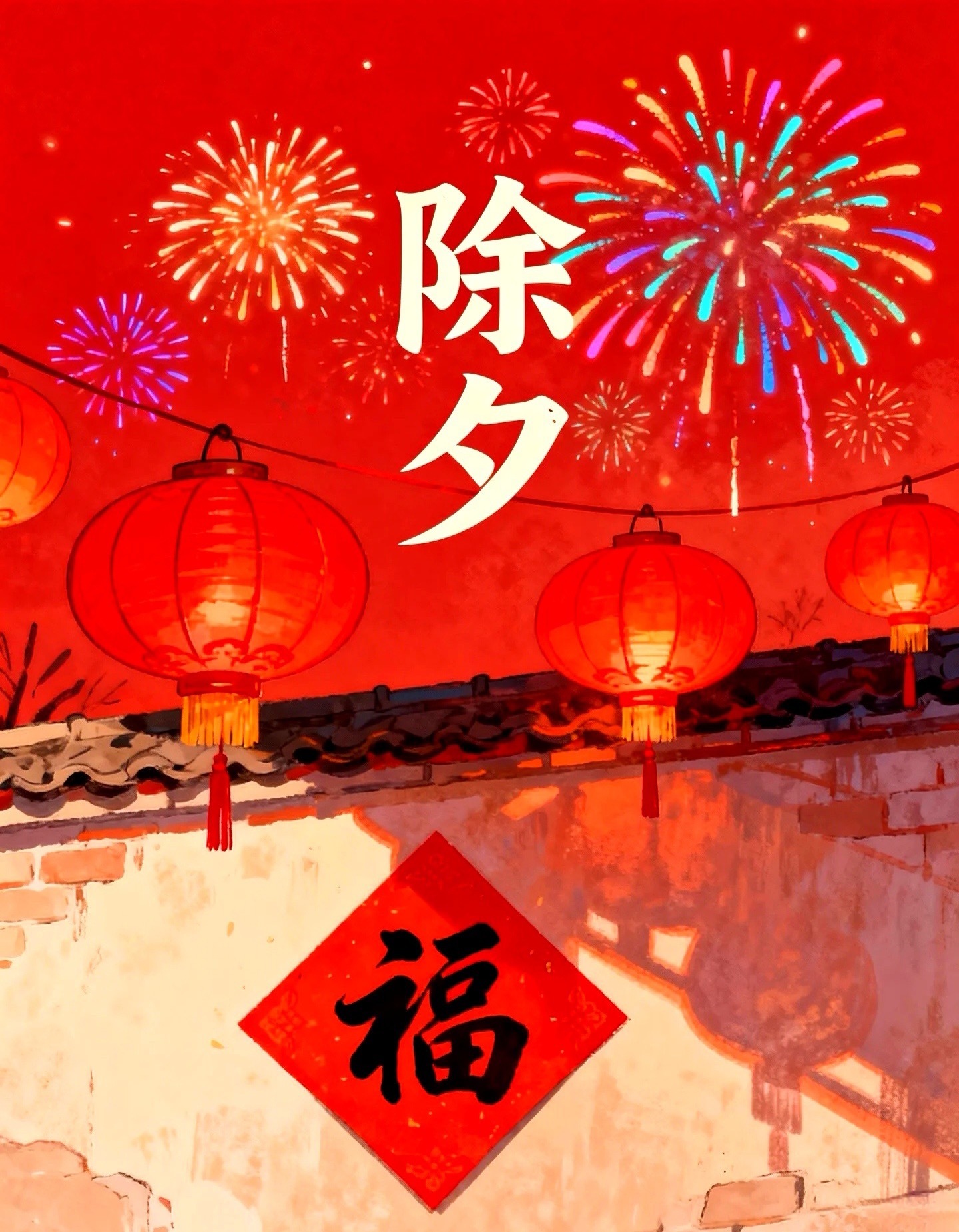 除夕，除去烦恼，除去疲惫；守岁，守住健康，守住幸福；迎新，迎接新年，万象更新。恭