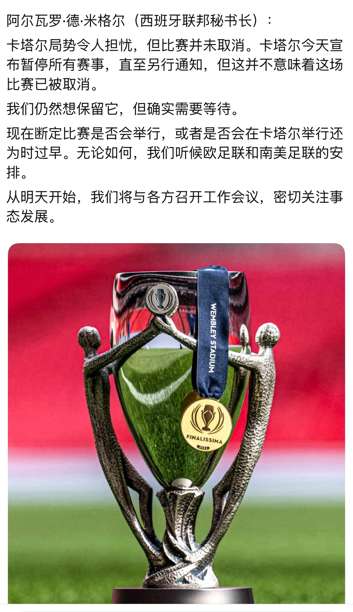 西班牙足协秘书长阿尔瓦罗·德·米格尔表示继续等待结果。将随时听候欧足联和南美足联