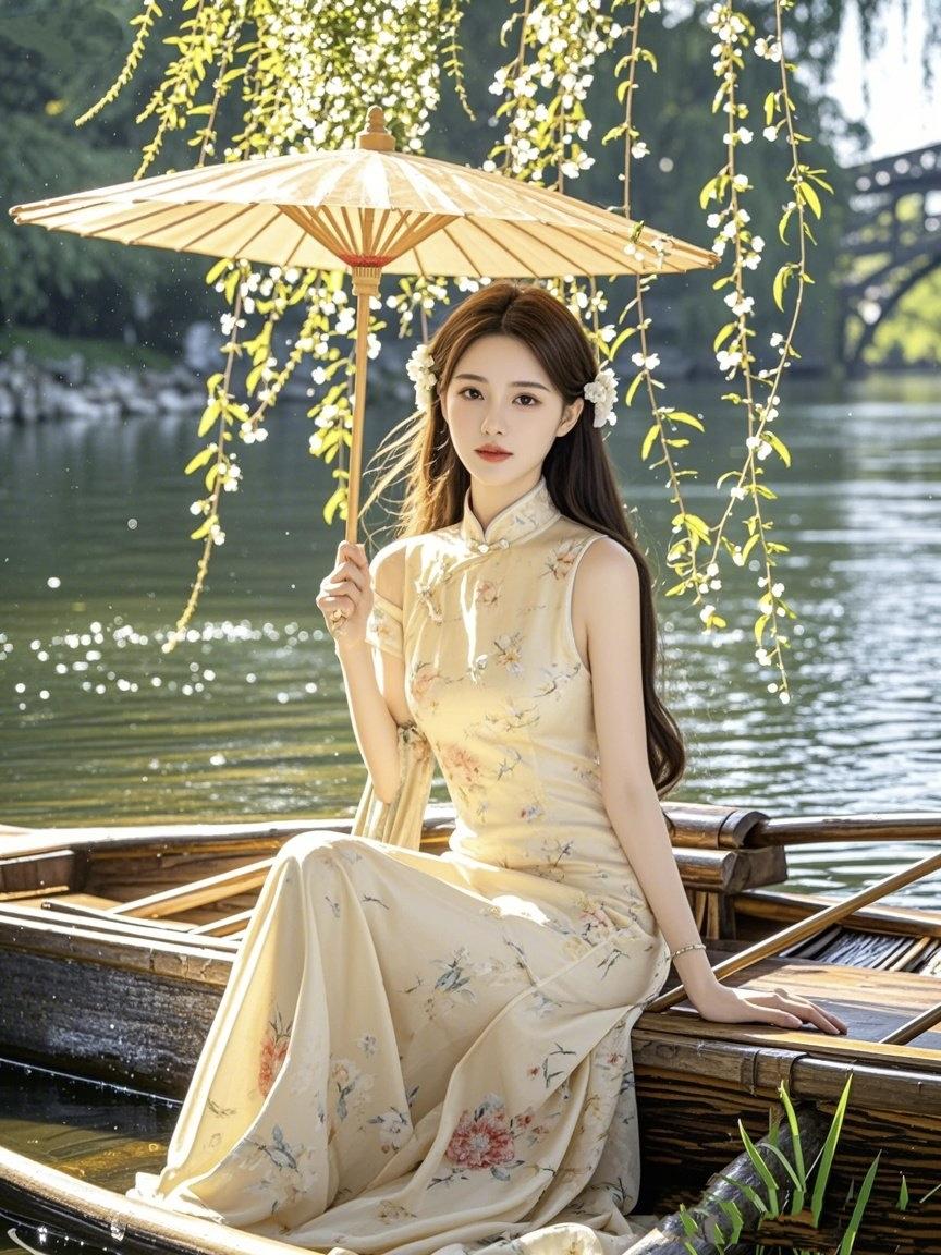 《春舟旗袍赋》
 
柳丝垂作碧帘，白花缀满晴川
你执一柄油纸伞，轻拢半幅春烟
杏