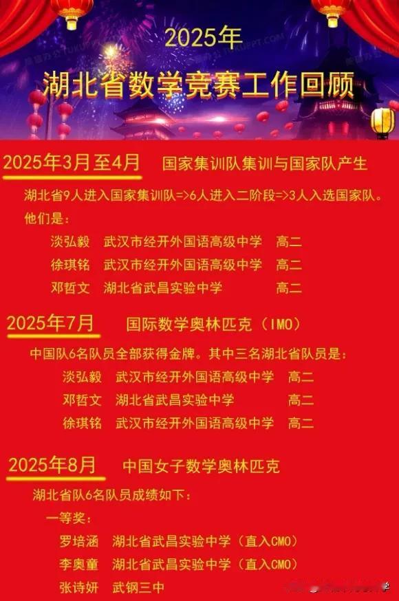 来围观一下湖北数学竞赛一年的辉煌，
2025年湖北省数学竞赛战队堪称以“统治级”