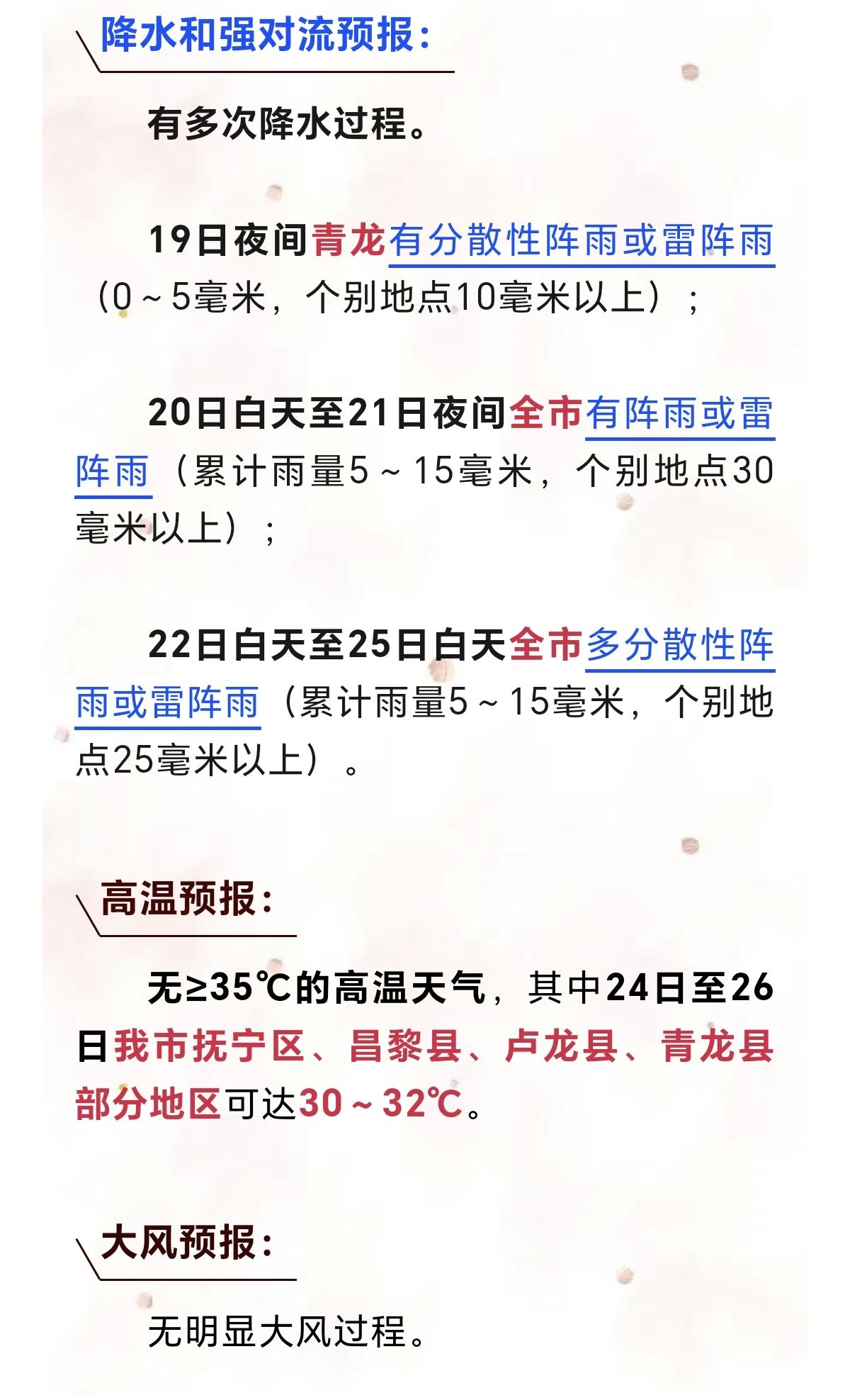 明天有雷阵雨！秦皇岛未来几天天气如何？另外注意，部分县区这几天气温偏高→