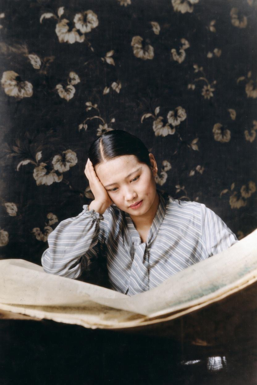 这张照片是青年时期的宋庆龄，她最具代表性的温婉肖像之一。
照片中的宋庆龄身着细条