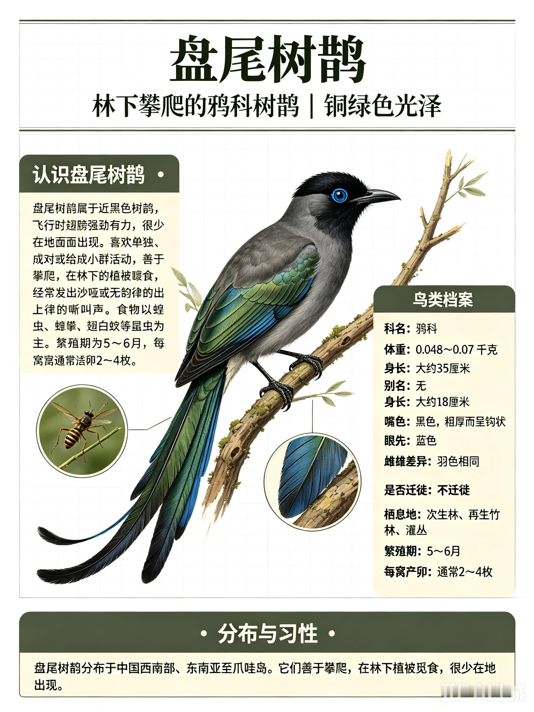 鸟类朋友图鉴 盘尾树鹊科名：鸦科体重：0.048～0.07千克别名：无盘尾树鹊属
