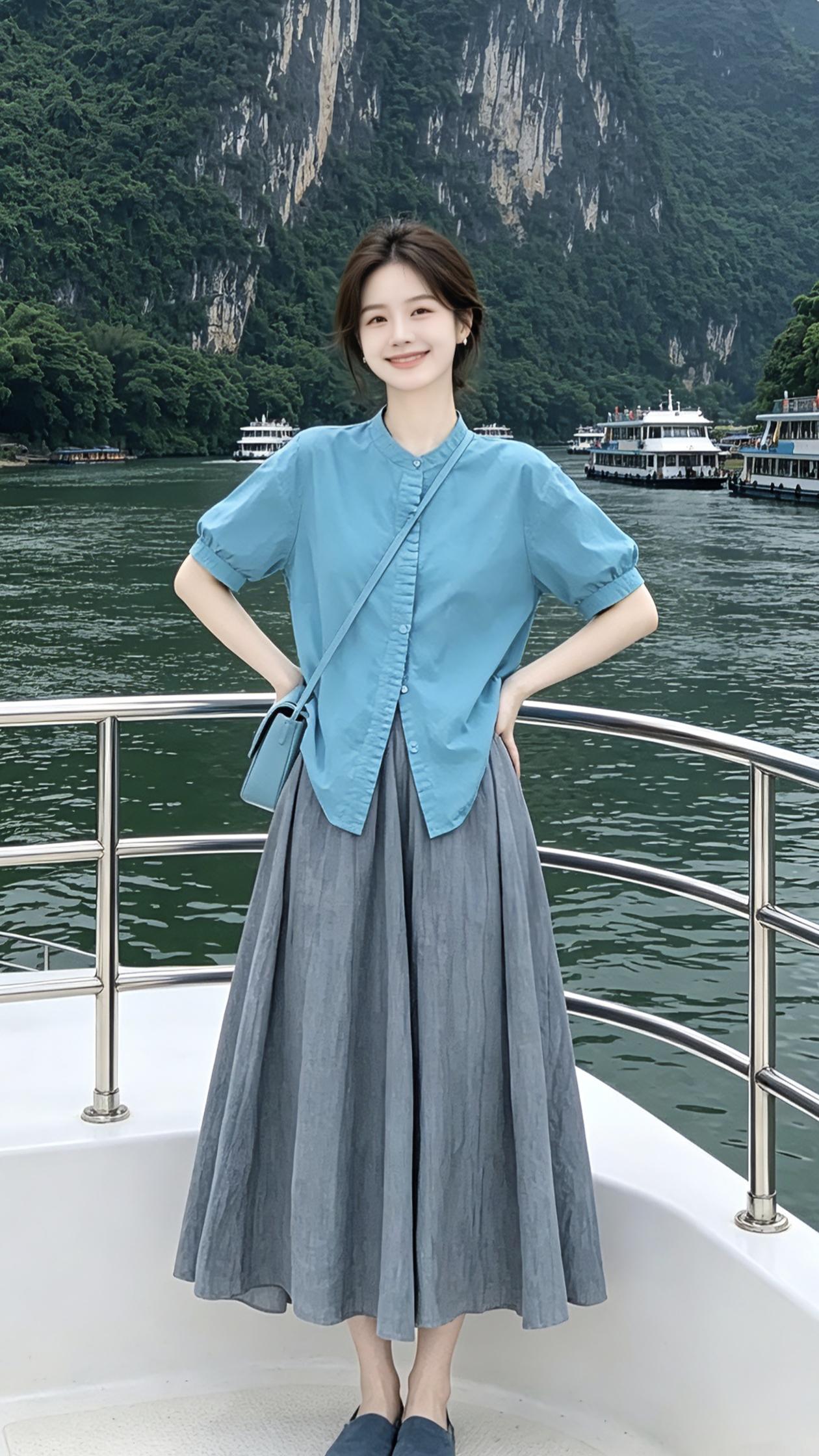 夏日清新穿搭 清冷感穿搭 短袖半身裙两件套 摆脱路人感穿搭女装