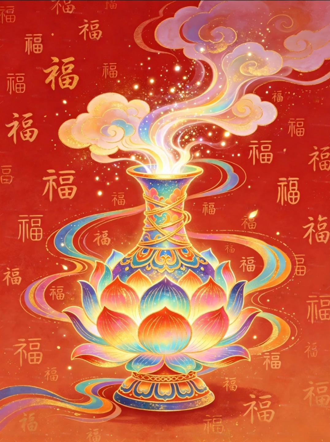 祥云缭绕，莲瓶轻吐瑞气，揽一捧斑斓福运，喜乐满盈。传统文化 传递正能量 绘画 祝