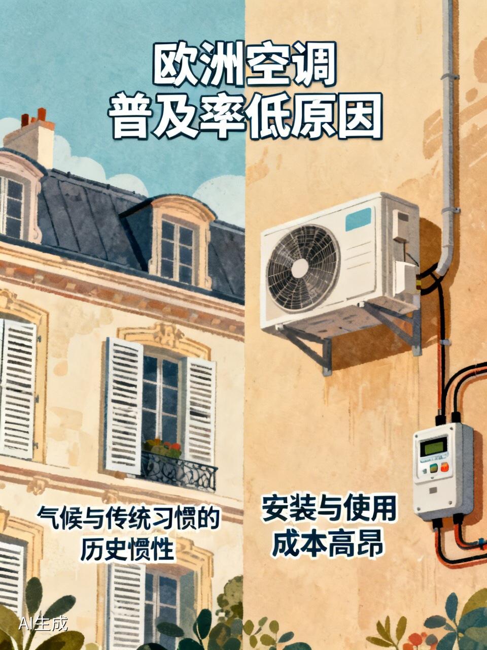 结合此前多次聊到的欧洲高温、民生相关背景，欧洲家庭空调普及率仅约20%，并非单纯