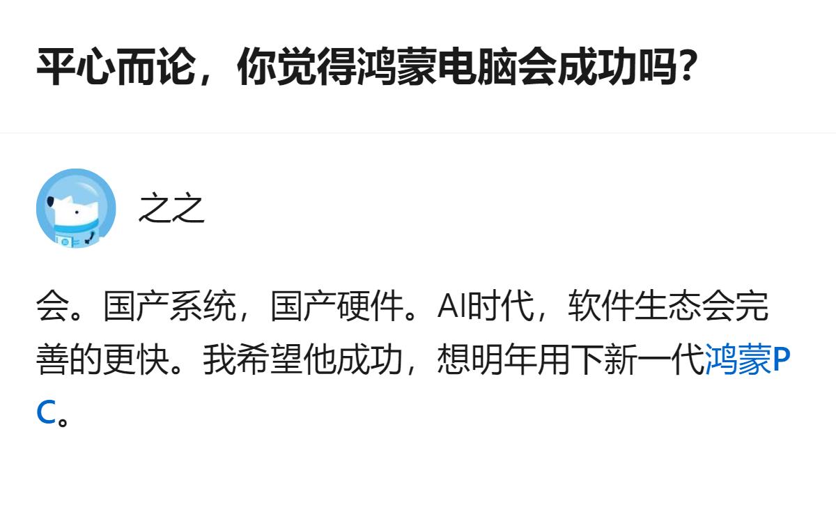 针对鸿蒙电脑是否会成功的问题，有回答明确给出肯定判断，理由是依托国产系统与硬件，