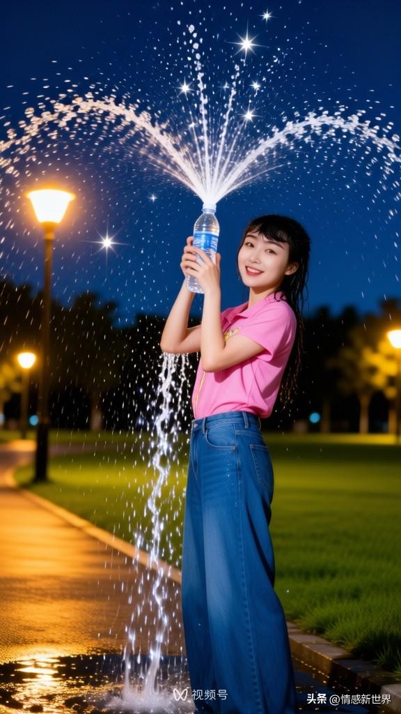 夜晚的公园里，少女与喷泉共舞，快乐无限！🌟💦✨公园元气少女 灿烂喷泉灯光秀 