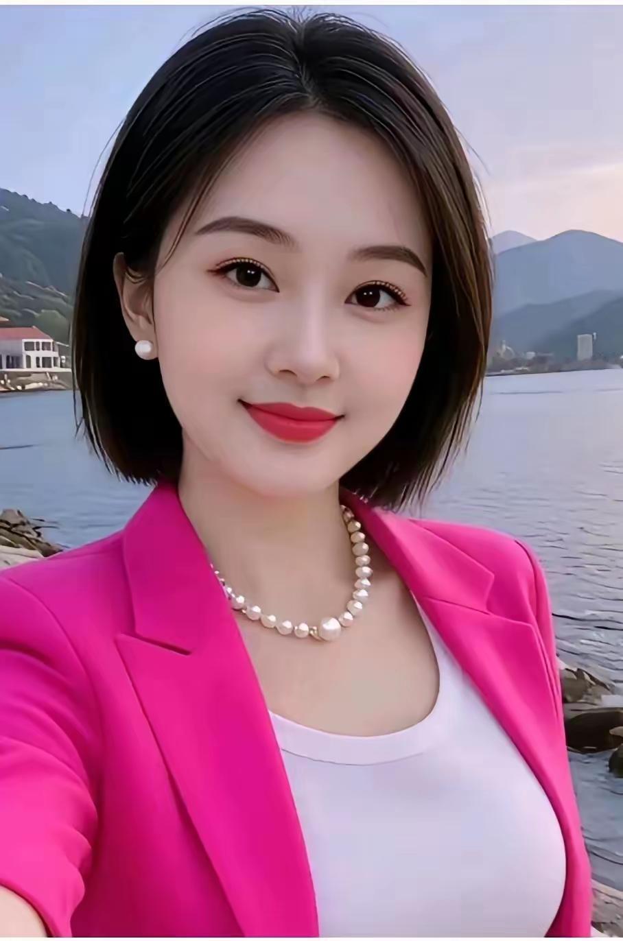 这位女士在湖边自拍，穿得很亮眼。