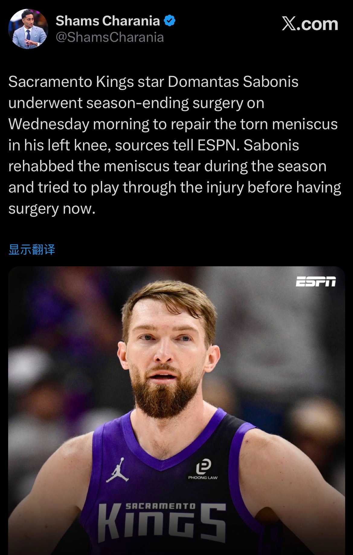 Shams:小萨接受了左膝半月板撕裂修复手术，赛季提前报销。 