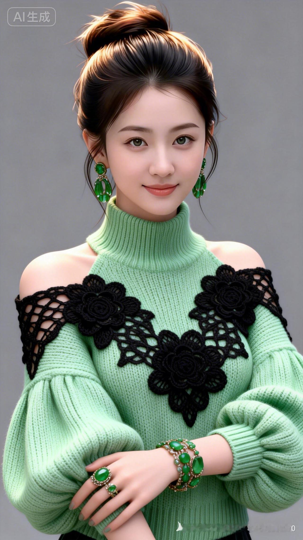 清新绿衣少女，甜美笑容，搭配绿色珠宝，时尚又优雅！💚💎