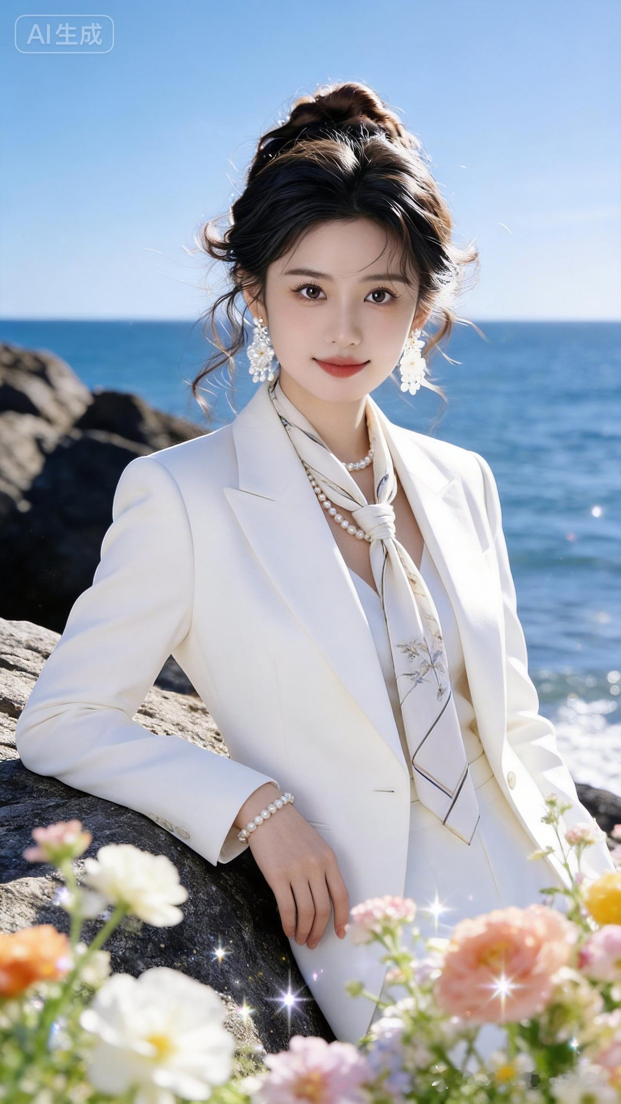 海边白衣少女，优雅动人，花海相伴，美不胜收！