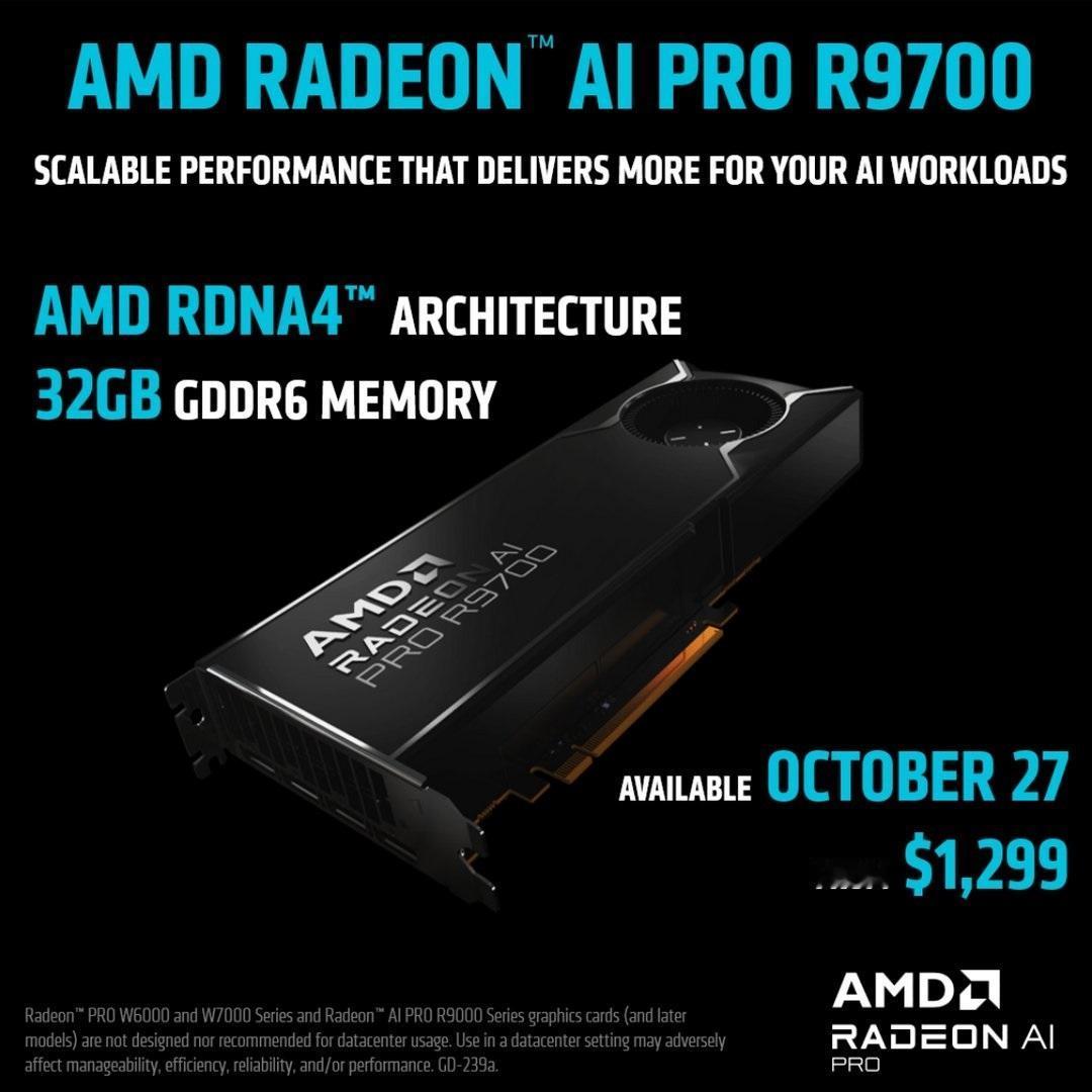 【AMD Radeon AI PRO R9700售价公布】AMD今天宣布，其基于