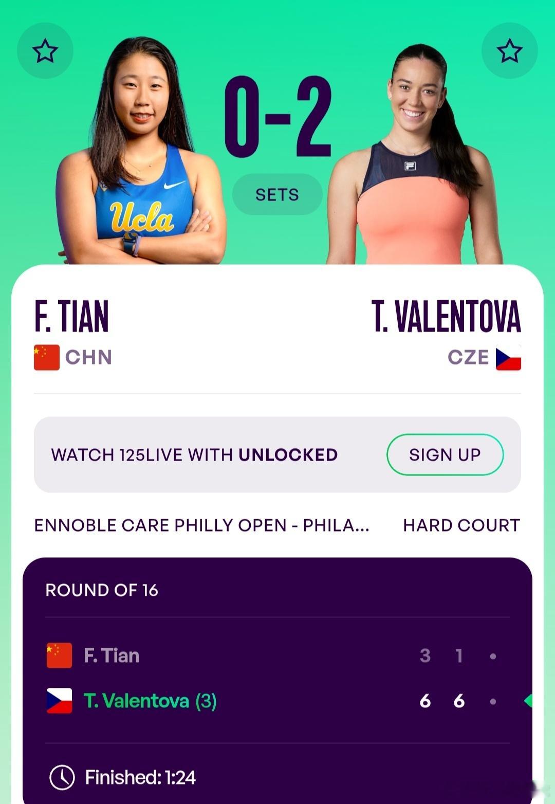 WTA125费城站🇺🇸女单第2轮田方然🇨🇳3-6/1-6不敌3号种子瓦伦