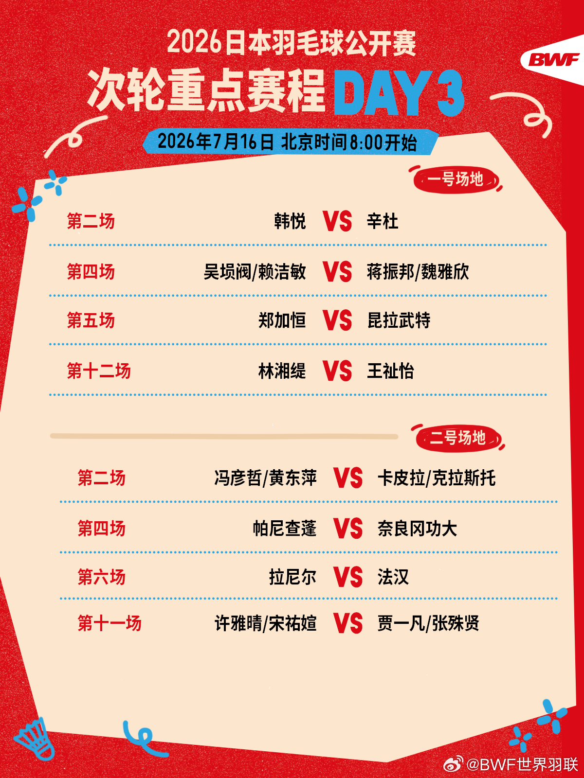 2026年日本羽毛球公开赛 次轮重点赛程🔥第三日赛程 上午八点开打🏸焦点战?