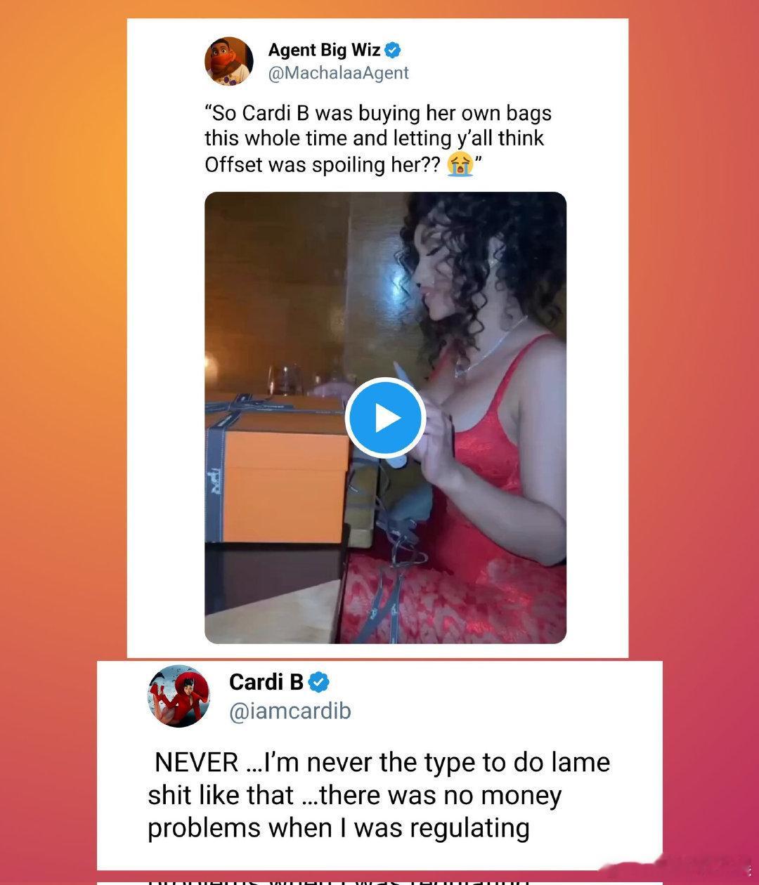 CardiB否认自己花钱买包假装老公送的 近日，有传闻称Cardi B在与Off