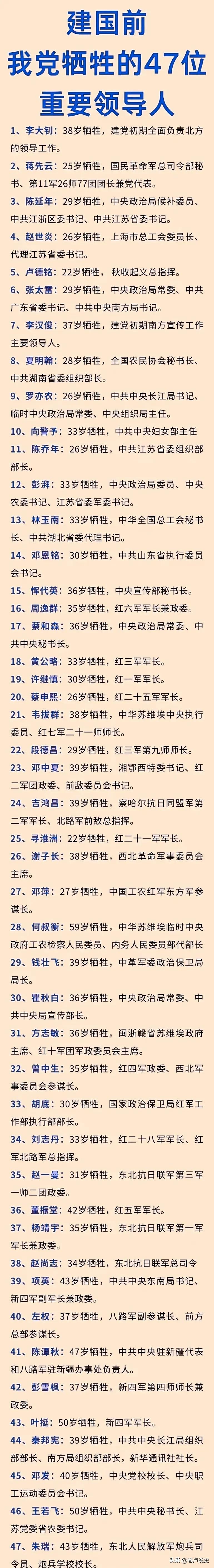 网友总结的建国前我党牺牲的47位重要领导人，无论是什么样的事业，在创业的过程中都