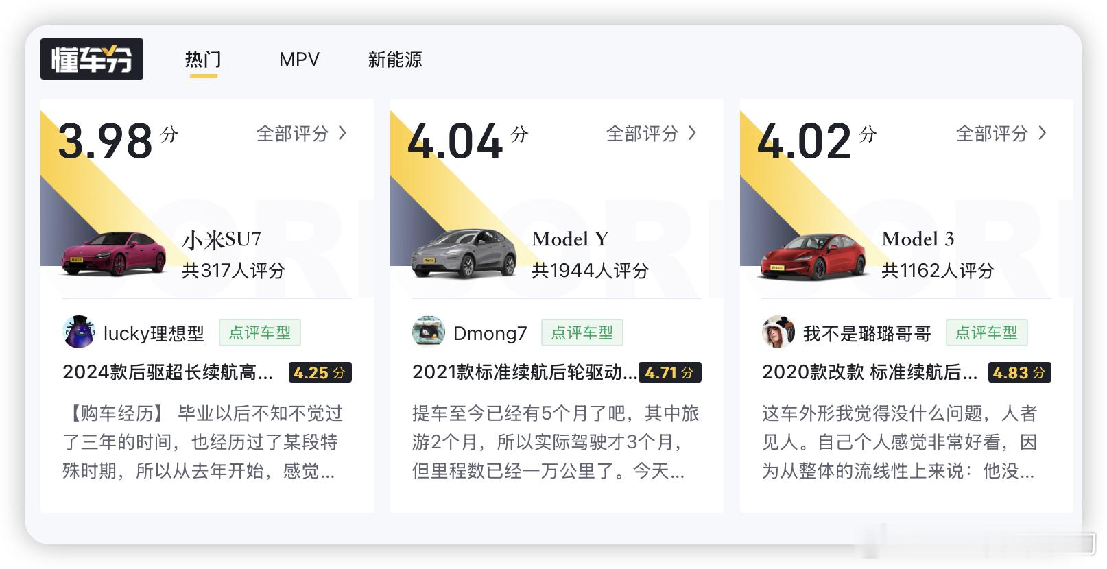 小米su7  的评分竟然比 特斯拉model3  低？空间竟然SU7比Model