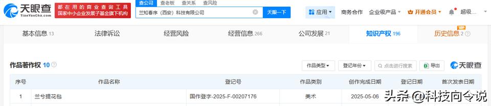 【董宇辉公司登记兰兮提花包作品著作权】
天眼查App显示，近日，兰知春序（西安）