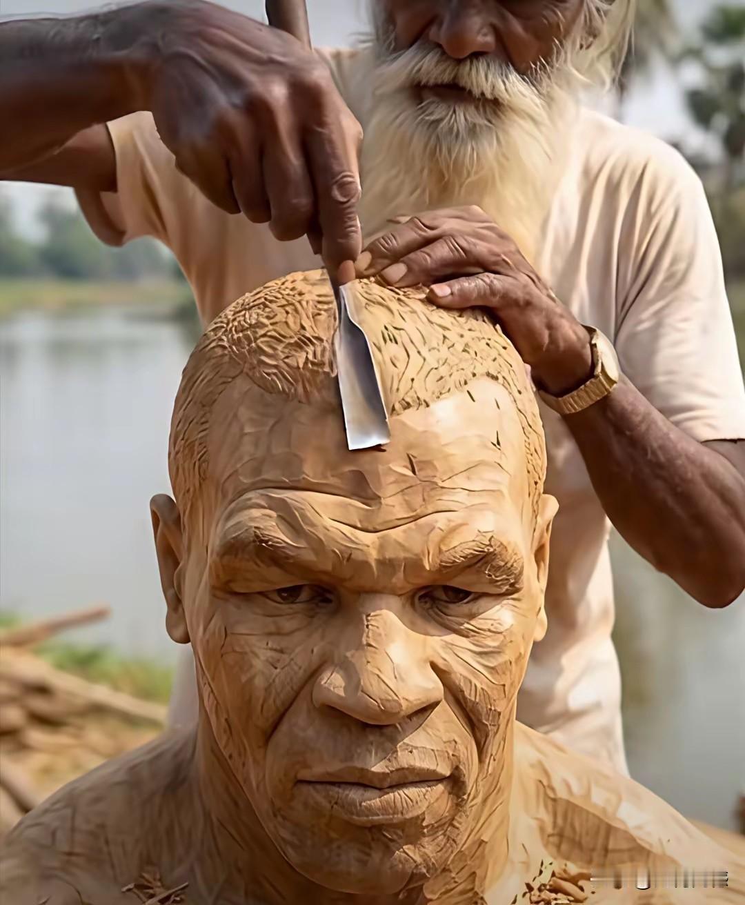 泰森这个木头雕像，感觉做的非常像，但是现在AI技术特别流行，也不知道这是一个真雕