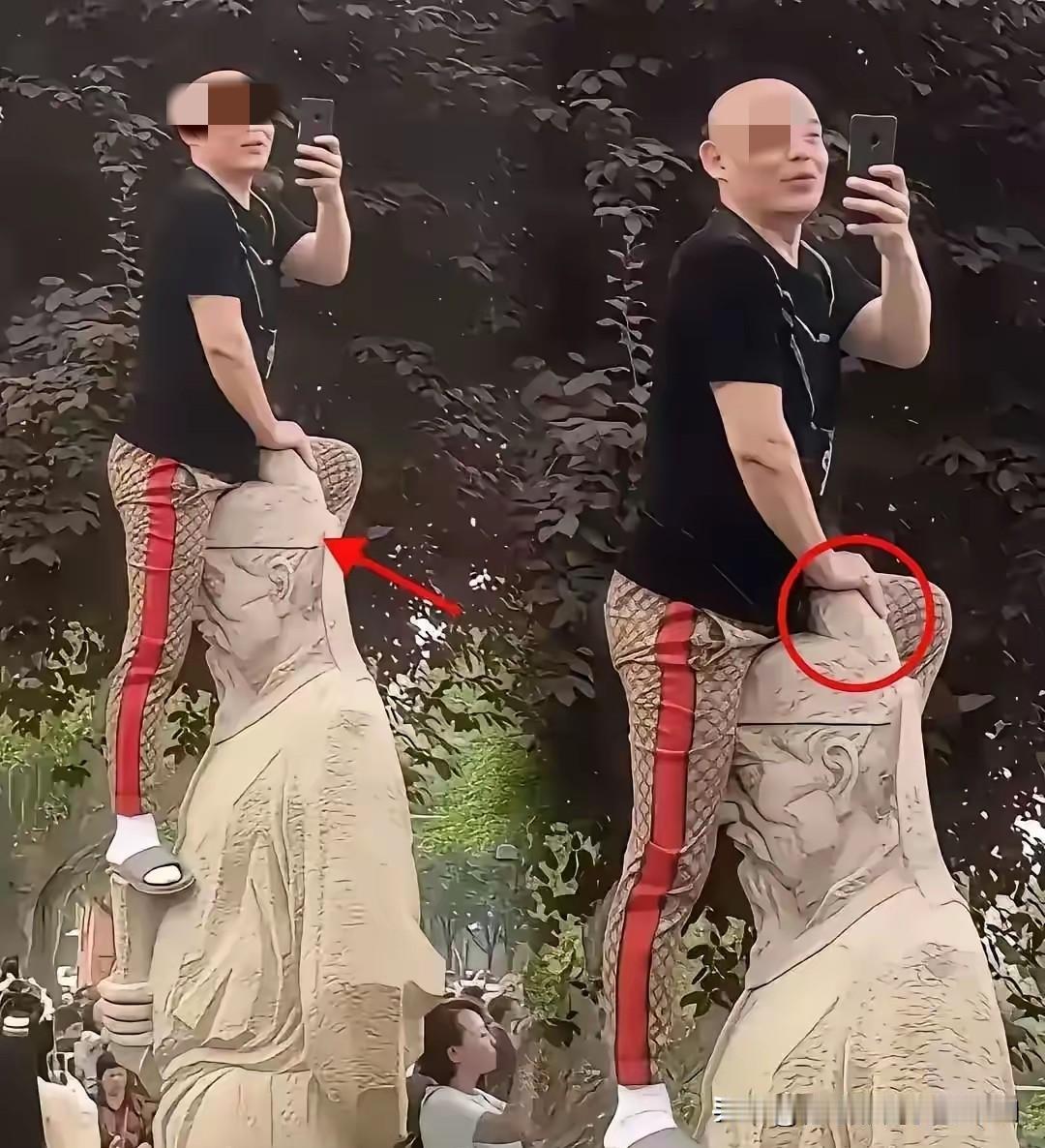 一个光头男子跨坐在一尊雕像上，满脸得意地掏出手机拍照，这一幕激怒了网友。俗话说“