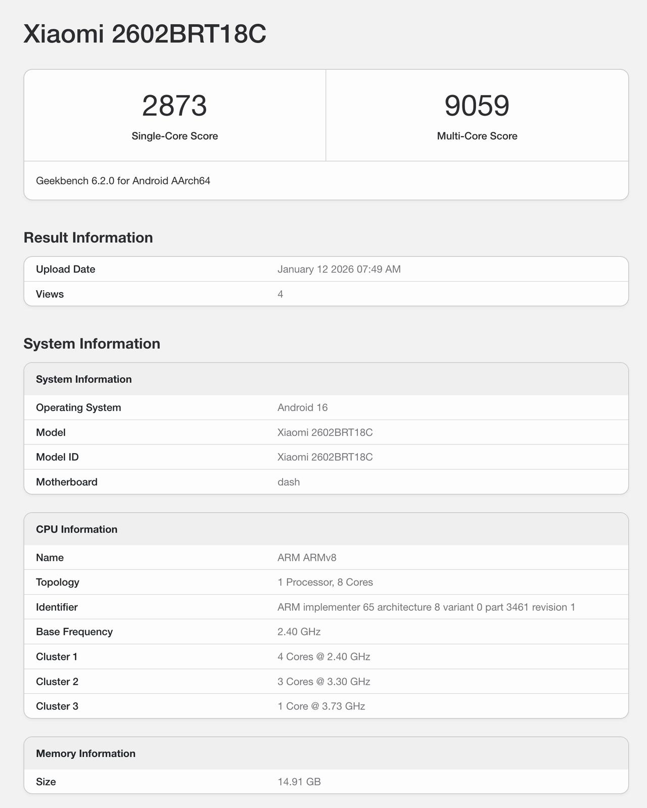 REDMI Turbo 5 Max 的 GeekBench6 跑分出炉，型号 2