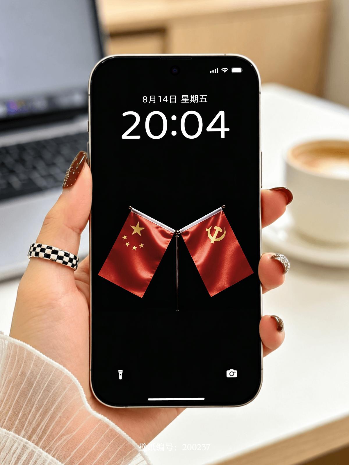 黑底爱国锁屏壁纸，庄重氛围感拉满✨
 
高级纯黑黑屏底色，国旗与党旗居中偏下排布